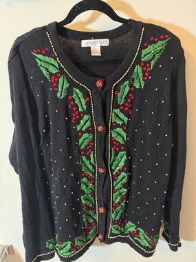 Vintage Arriviste Black Embroidered Holiday Cardigan with Bead Trim